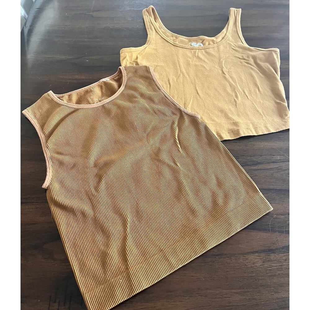 2 Gold Crop Tank Tops Womens Sz S Fallcore Stretchy Cozy Team Colors Athleisure
